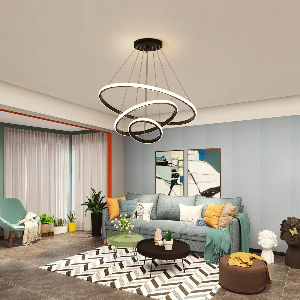 Dilo - Lustre Suspendu LED - Design 3 Anneaux Entrelacés - Luminaire Aluminium Noir
